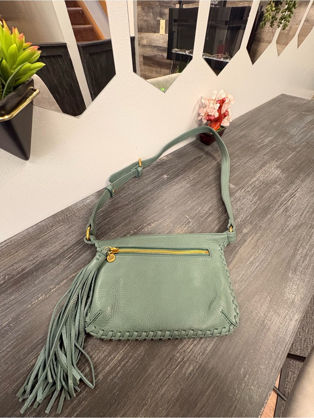 HOBO Small Green Leather Crossbody with Tassel and Front Zip Bag - Picture 2 of 8